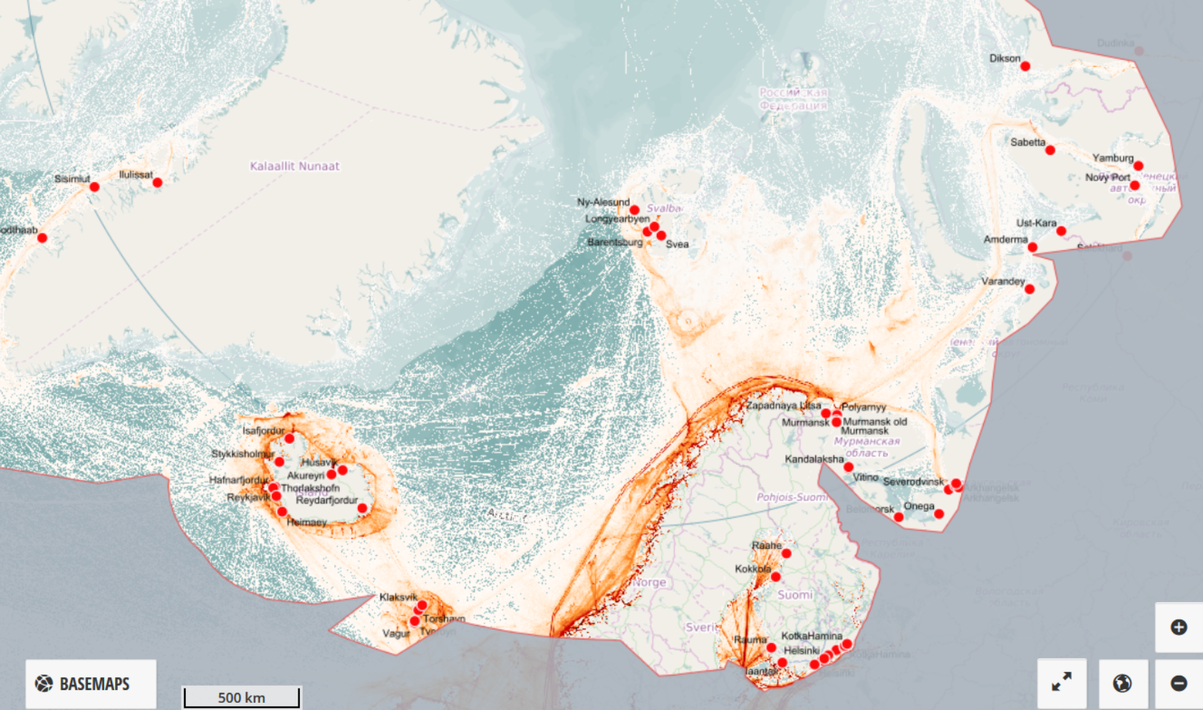 PAME – Arctic Ship Traffic Data, Arctic ship traffic map showing ship tracks in the Barents Sea and adjacent shelf seas – which are the focus area of CIRFA – from July 2016 to July 2017. The orange lines are ship tracks, the red dots are harbours., Figure 42, , 