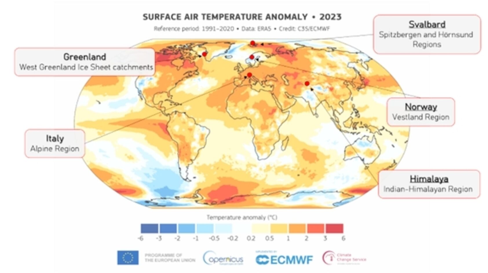 LIQUIDICE-project, Location of selected glaciers to be analyzed in the LIQUIDICE project, in the context of 2023 temperature anomalies from Copernicus data., Surface air tem and liquidice sites glaciers 690px, <p>Plasseringen til utvalgte isbreer som skal studeres i prosjektet. Illustrasjon: LIQUIDICE.</p>,