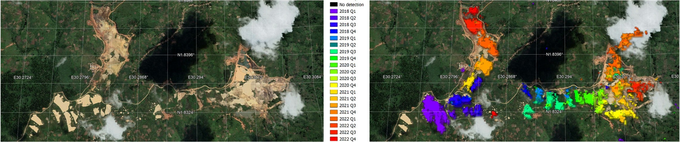 , The figure shows an example of quarterly alluvial gold mining detection from the first quarter (Jan-Mar) 2018 to the last quarter (Oct-Dec) of 2022 using the mean 2017mosaic as reference., Cover Figure S1 Gold Mining Detection DRC, ,