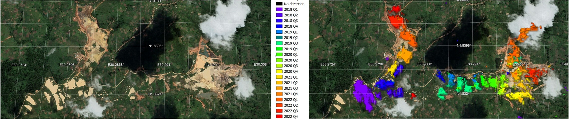 , The figure shows an example of quarterly alluvial gold mining detection from the first quarter (Jan-Mar) 2018 to the last quarter (Oct-Dec) of 2022 using the mean 2017mosaic as reference., Cover Figure S1 Gold Mining Detection DRC, , 