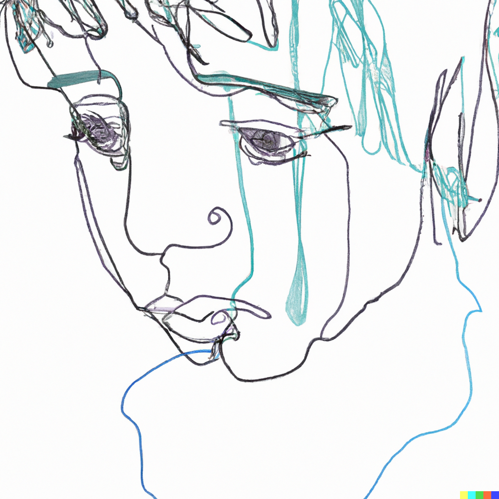 , “A modern and minimalistic one line drawing of a young face looking sad and lonely, use colours CMYK 78/16/28/17 and CMYK 0/31/100/10” Hunsager A ved hjelp av DALL-E, versjon 2, OpenAI, 26.06.2023, https://labs.openai.com, DALLE 2023 04 27 00 08 11 A modern and minimalstic one line drawing of a young face looking sad an lonely use colours CMYK 78 16 28 17 and CMYK 0 31 100 10, , 