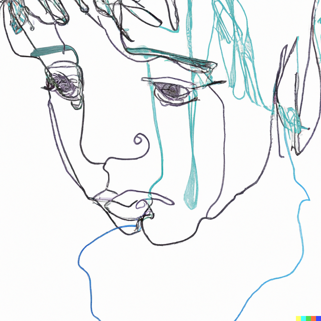 , “A modern and minimalistic one line drawing of a young face looking sad and lonely, use colours CMYK 78/16/28/17 and CMYK 0/31/100/10” Hunsager A ved hjelp av DALL-E, versjon 2, OpenAI, 26.06.2023, https://labs.openai.com, DALLE 2023 04 27 00 08 11 A modern and minimalstic one line drawing of a young face looking sad an lonely use colours CMYK 78 16 28 17 and CMYK 0 31 100 10, ,