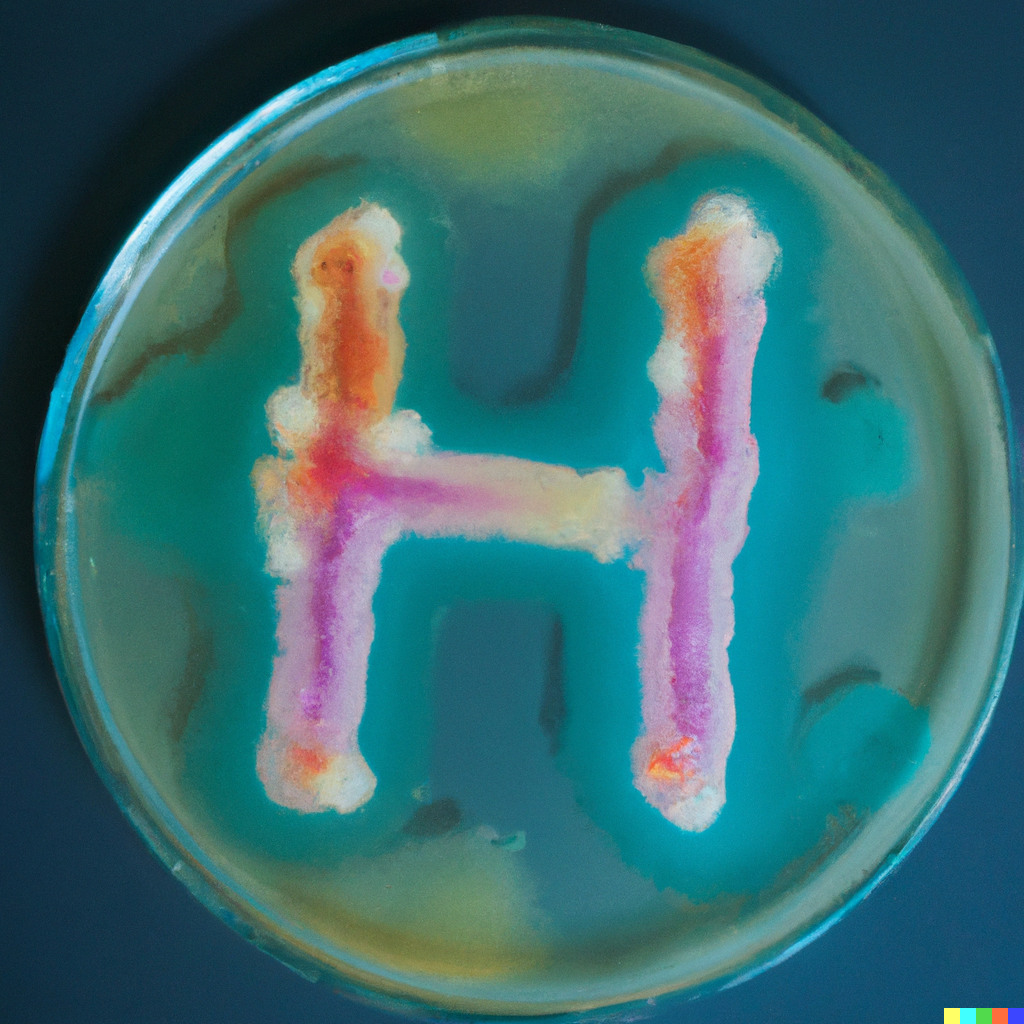 , Nicole Dopffel using DALL-E2, DALL E 2022 08 29 10 43 11 colorful bacteria on an agar plate in the shape of a big H2, , 