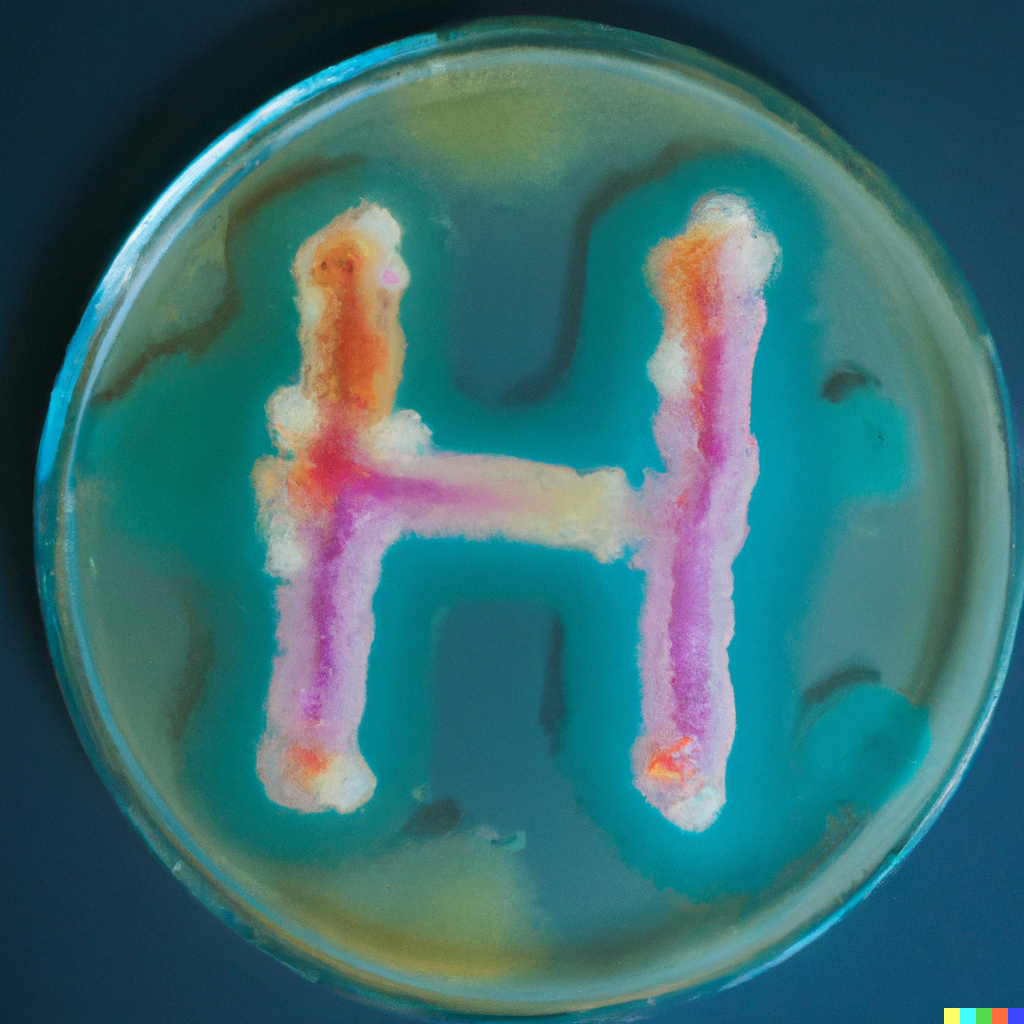 , Nicole Dopffel using DALL-E2, DALL E 2022 08 29 10 43 11 colorful bacteria on an agar plate in the shape of a big H2, ,