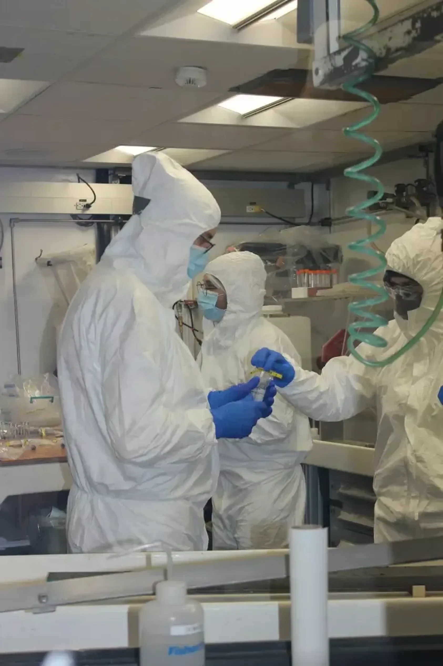 Katrine Husum, Norsk Polarinstitutt, Stijn De Schepper (NORCE), Lucinda Duxbury (Institutt for Marin og Antarktis Forskning, Australia) og River Rivera (IODP) tar sedimentprøver til DNA-analyse., Stijn De Schepper 43, <p>Katrine Husum, Norsk Polarinstitutt</p>, Tre personer med hvite beskyttelsesdrakter og blå hansker.