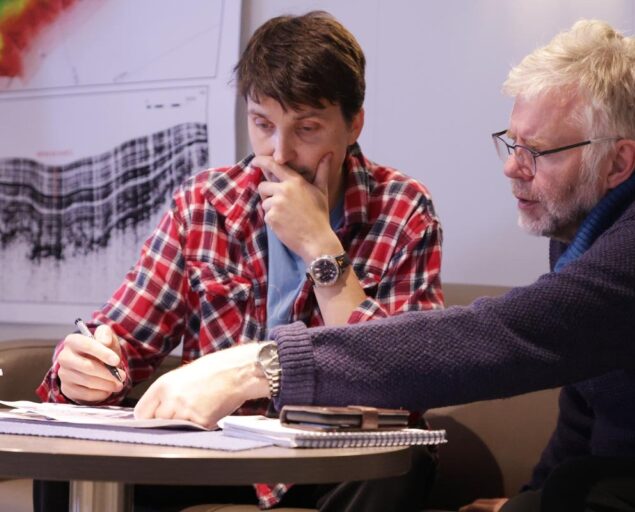 Daniel Albert, GoNorth/SINTEF, Alexander Minakov (UiO) discussing plans for the seismic data gathering with expedition co-lead Jan Sverre Laberg (UiT)., IMG 4133, ,