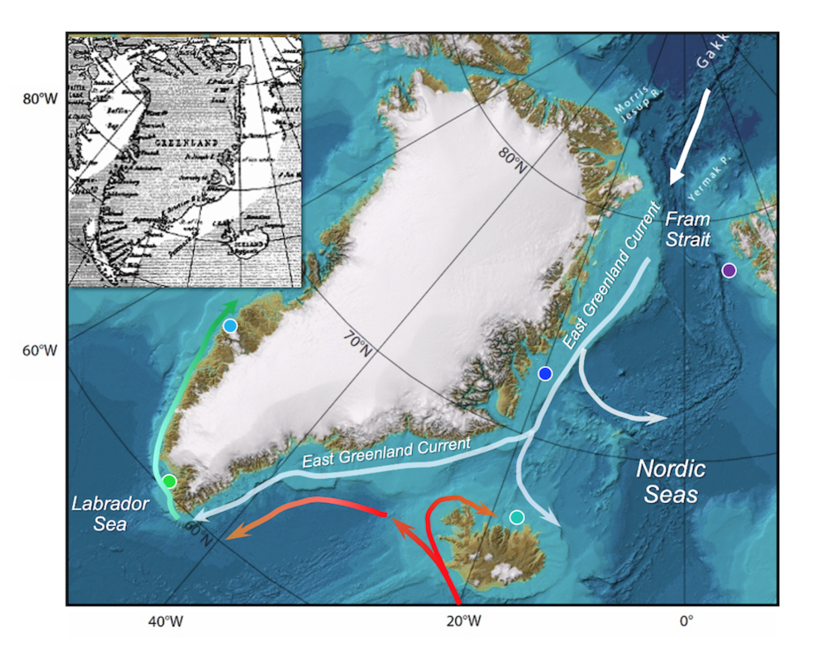 Miles et.al. 2020., Kartet viser havstraumen langs austkysten av Grønland, som også i dag fraktar store mengder sjøis ut frå Arktis. Dei farga prikkane på kartet viser kvar sedimentkjernene som ligg til grunn for dette studiet er henta frå., 1 sea ice trigger, , 