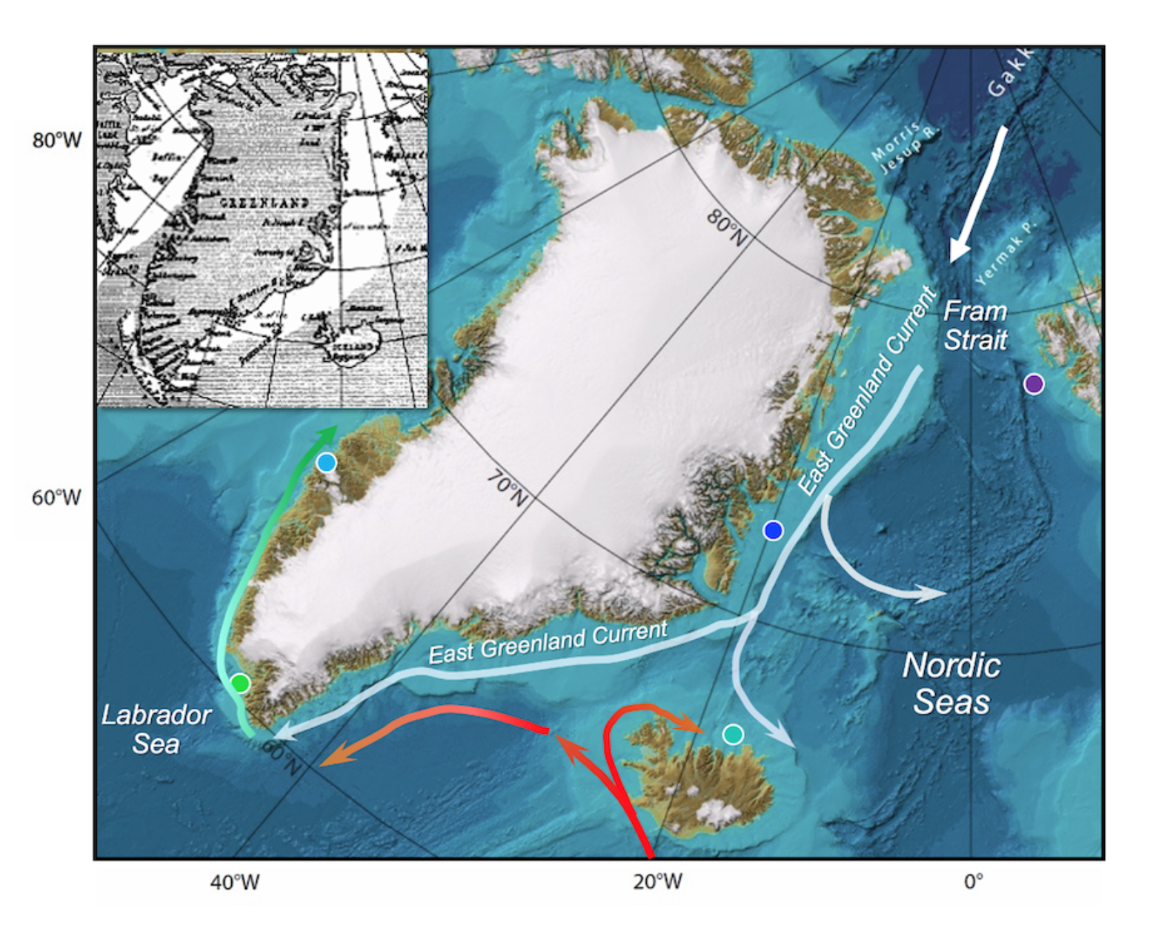 Miles et.al. 2020., Kartet viser havstraumen langs austkysten av Grønland, som også i dag fraktar store mengder sjøis ut frå Arktis. Dei farga prikkane på kartet viser kvar sedimentkjernene som ligg til grunn for dette studiet er henta frå., 1 sea ice trigger, ,