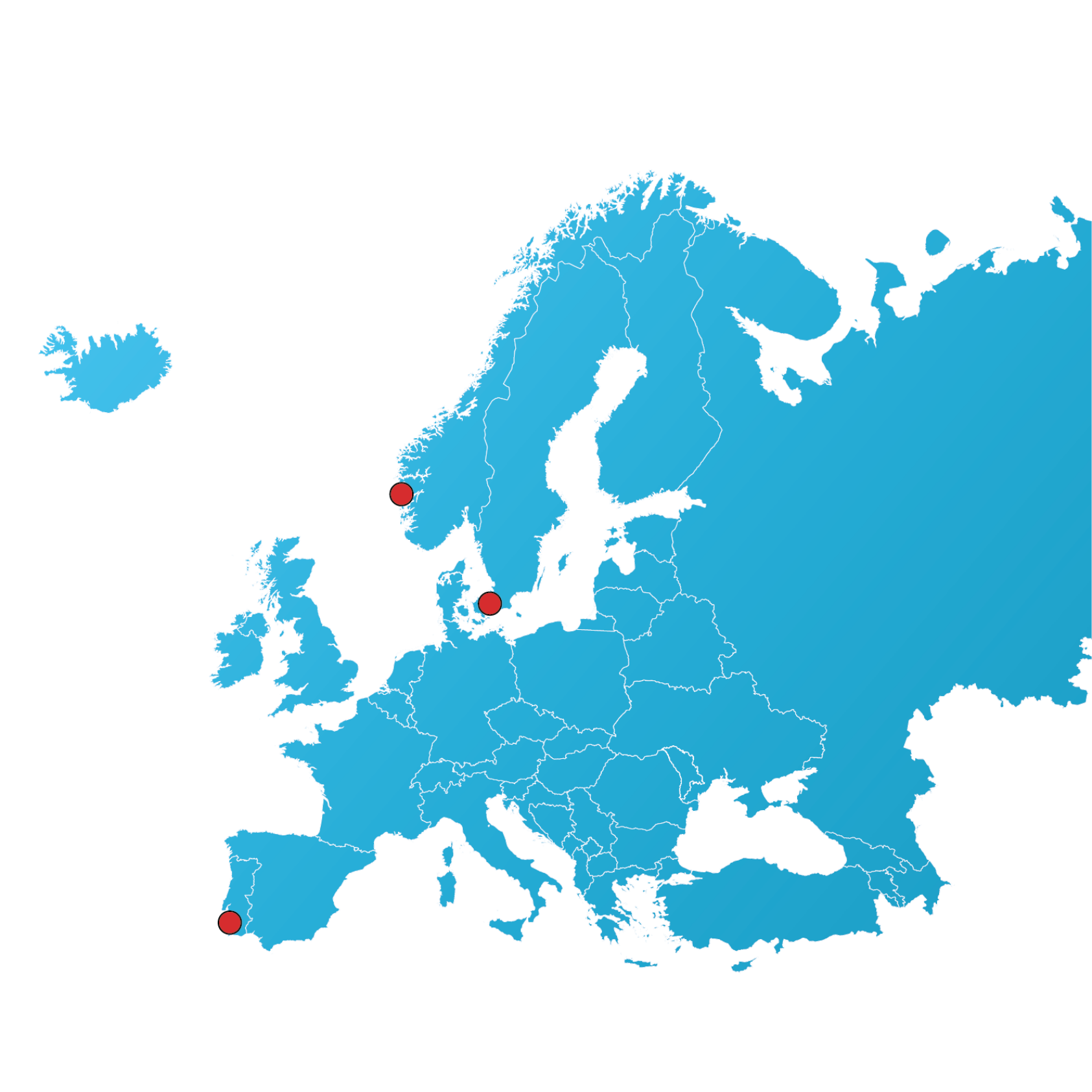 Shutterstock/NORCE, A map of Europe showing the three pilot cities for ELEXIA. Dokken in Bergen, Norway; Høje-Taastrup, outside Copenhagen in Denmark  and a harbour-area in Sines, Portugal., 233804806 vector copy, , 