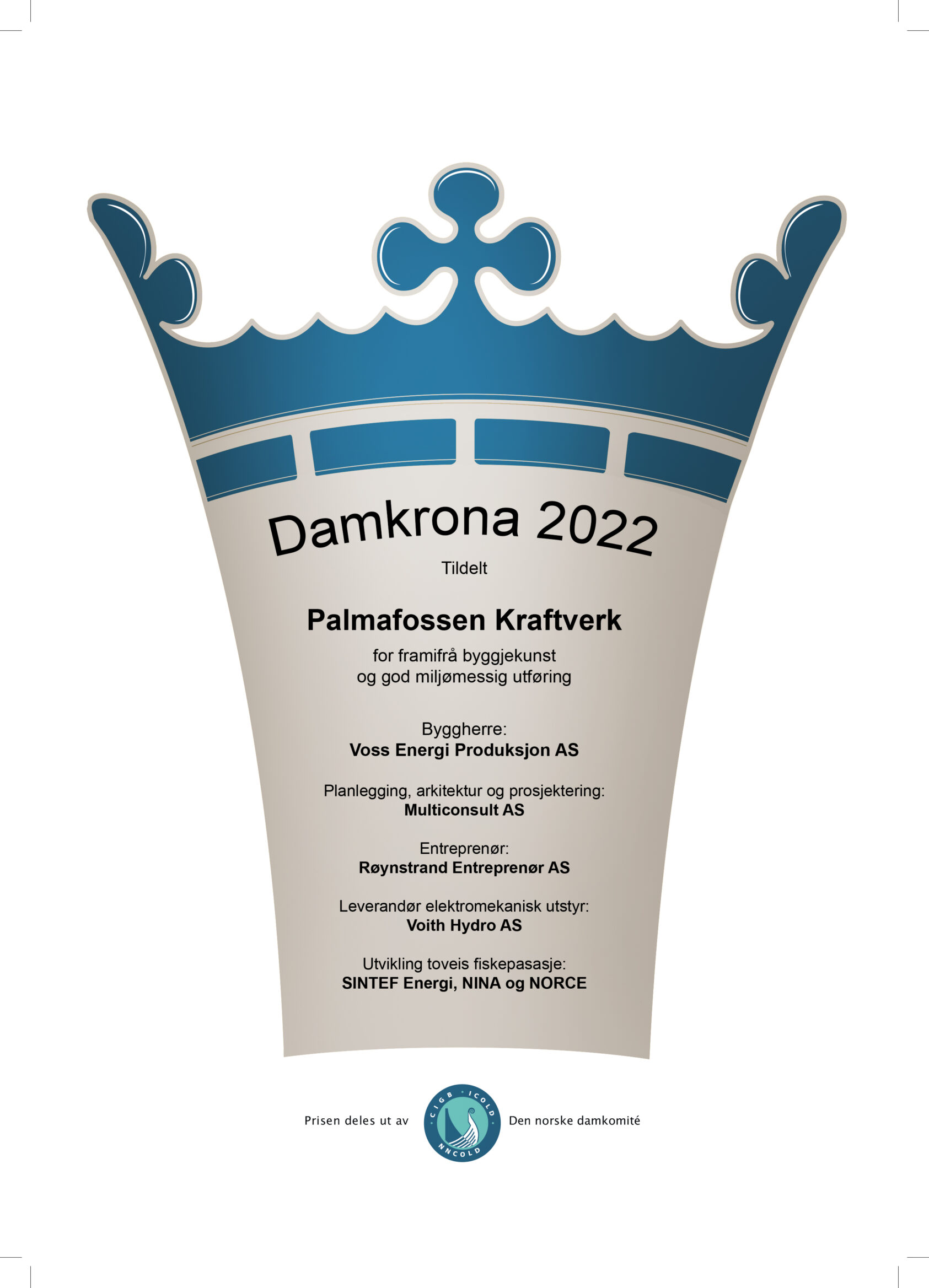 Den norske damkomité, Diplomet for Damkrona 2022, Damkrone Diplom 2022, <p>NORCE</p>, Avbilding av diplom tildelt Palmafossen kraftverk - foto
