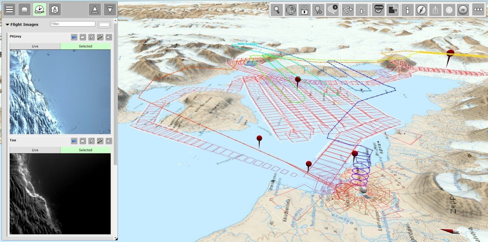 , NLive visualisering av optiske og infrarøde bilder på fronten av en kalving isbre (venstre), flyspor og bildefotavtrykk fra droneflyvning i Ny-Ålesund, Svalbard (høyre)., Figure6, , 