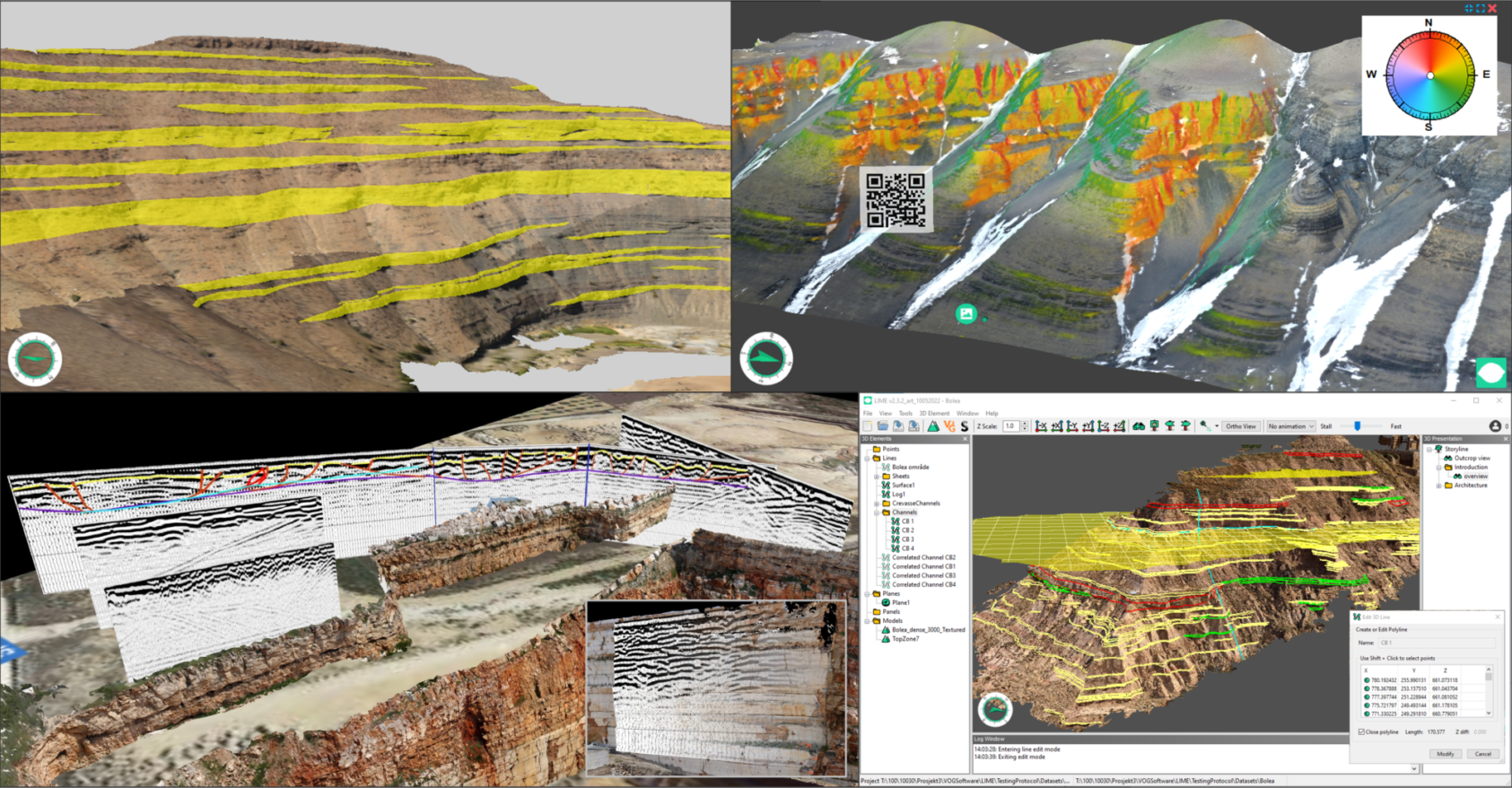 , Samvisualisering og tolkning ved bruk av LIME. Med klokken fra øverst til venstre: kartlegging av bergarter (sandstein kanaler) på en 3D-blotningsmodell; visualisering av strøk filtrert med fall (Eistradalen, Svalbard; https://v3geo.com/model/371); LIME brukergrensesnitt og kartlegging resultater; 3D blotningsmodell integrert med bakkebasert radar tverrsnitt (en radar tverrsnitt prosjektert på modellen)., Figure7, , 