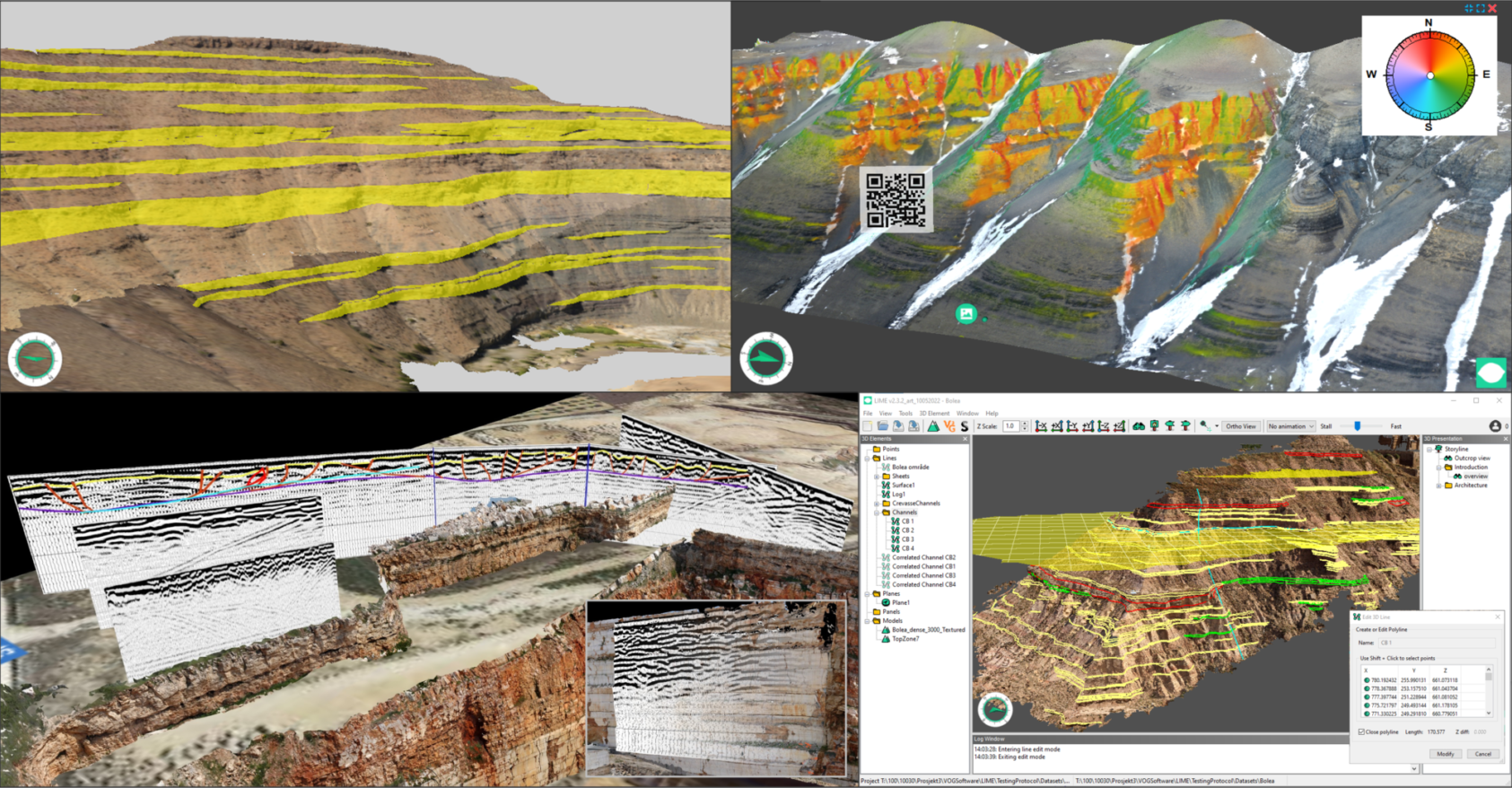 , Samvisualisering og tolkning ved bruk av LIME. Med klokken fra øverst til venstre: kartlegging av bergarter (sandstein kanaler) på en 3D-blotningsmodell; visualisering av strøk filtrert med fall (Eistradalen, Svalbard; https://v3geo.com/model/371); LIME brukergrensesnitt og kartlegging resultater; 3D blotningsmodell integrert med bakkebasert radar tverrsnitt (en radar tverrsnitt prosjektert på modellen)., Figure7, ,