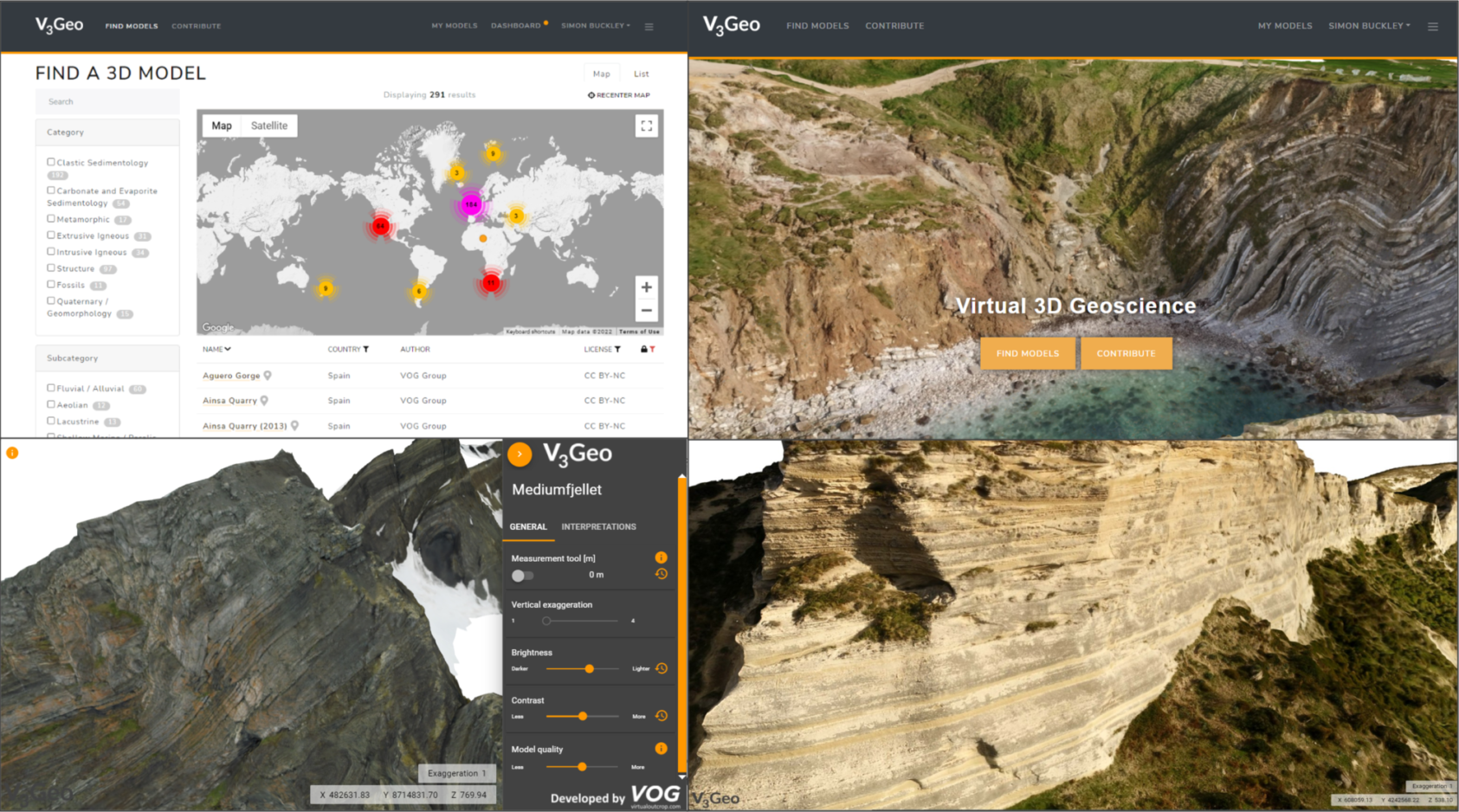 , V3Geo online 3D model database showing search and filter tools and examples of 3D web viewer allowing interactive exploration of the model content (Mediumfjellet, VOG Group, https://v3geo.com/model/142; Aspalmo, VOG Group, https://v3geo.com/model/71)., Figure8, , 