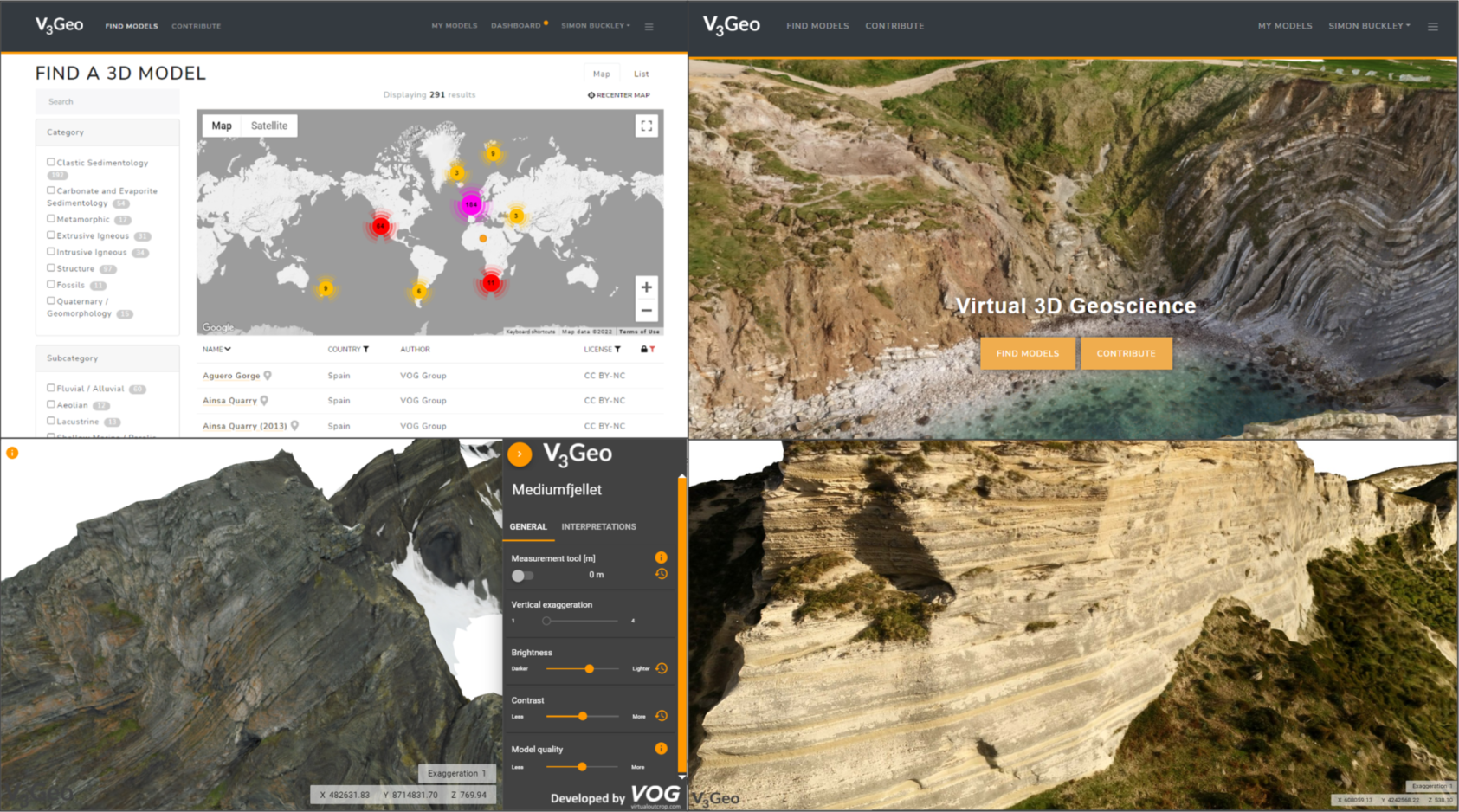 , V3Geo sky-basert modelldatabase, med verktøy for søk og resultatfiltrering, samt eksempler på 3D-modeller som vises i nettleseren (Mediumfjellet, VOG Group, https://v3geo.com/model/142; Aspalmo, VOG Group, https://v3geo.com/model/71)., Figure8, ,