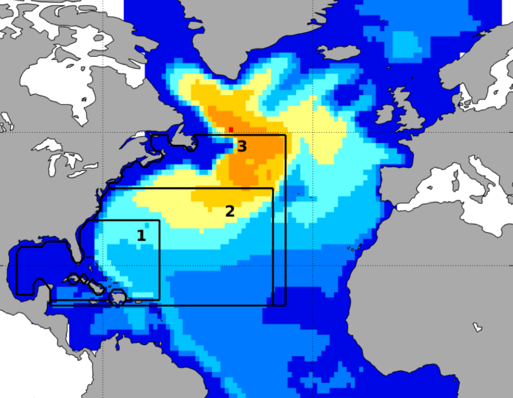Nadine Goris, Kart med firkanter i Atlanterhavet Firkanten forskerne finner, ligger vest i Atlanterhavet, omtrent under Golfstrømmen. I dette området transporteres CO2 sørover i dyphavet. De kan på forhånd bestemme seg for hvor stort området skal være, og de tre variantene representerer ulike løsninger.  Fargene representerer mengden CO2 lagret i dyphavet i klimamodellene, med blått som det laveste og rødt som det høyeste., Firkanten Nadine Goris, , 