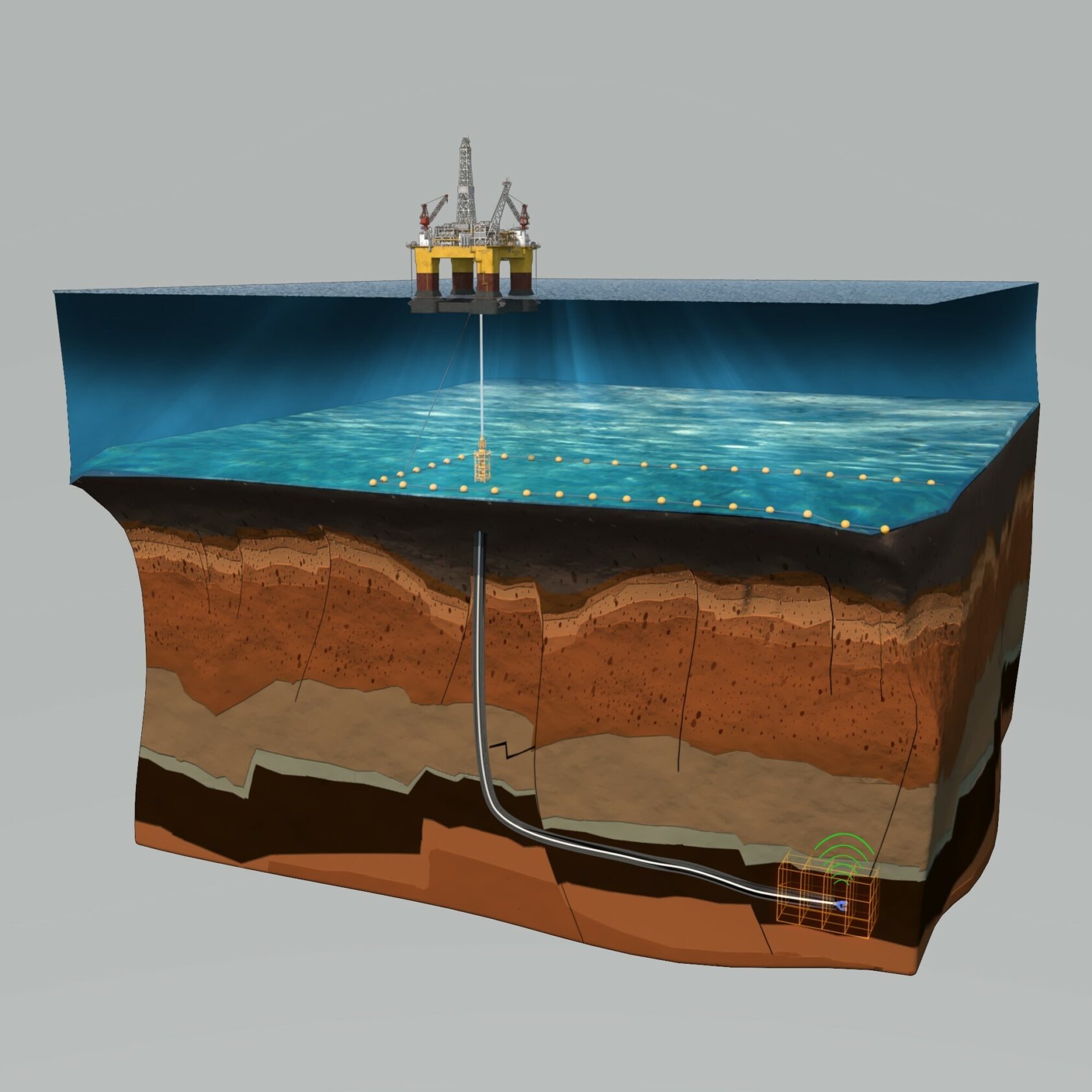 Monviro/Octio, , Horisontal 2, , Illustration - offshore plattform with a string into the the seabed -cross section view