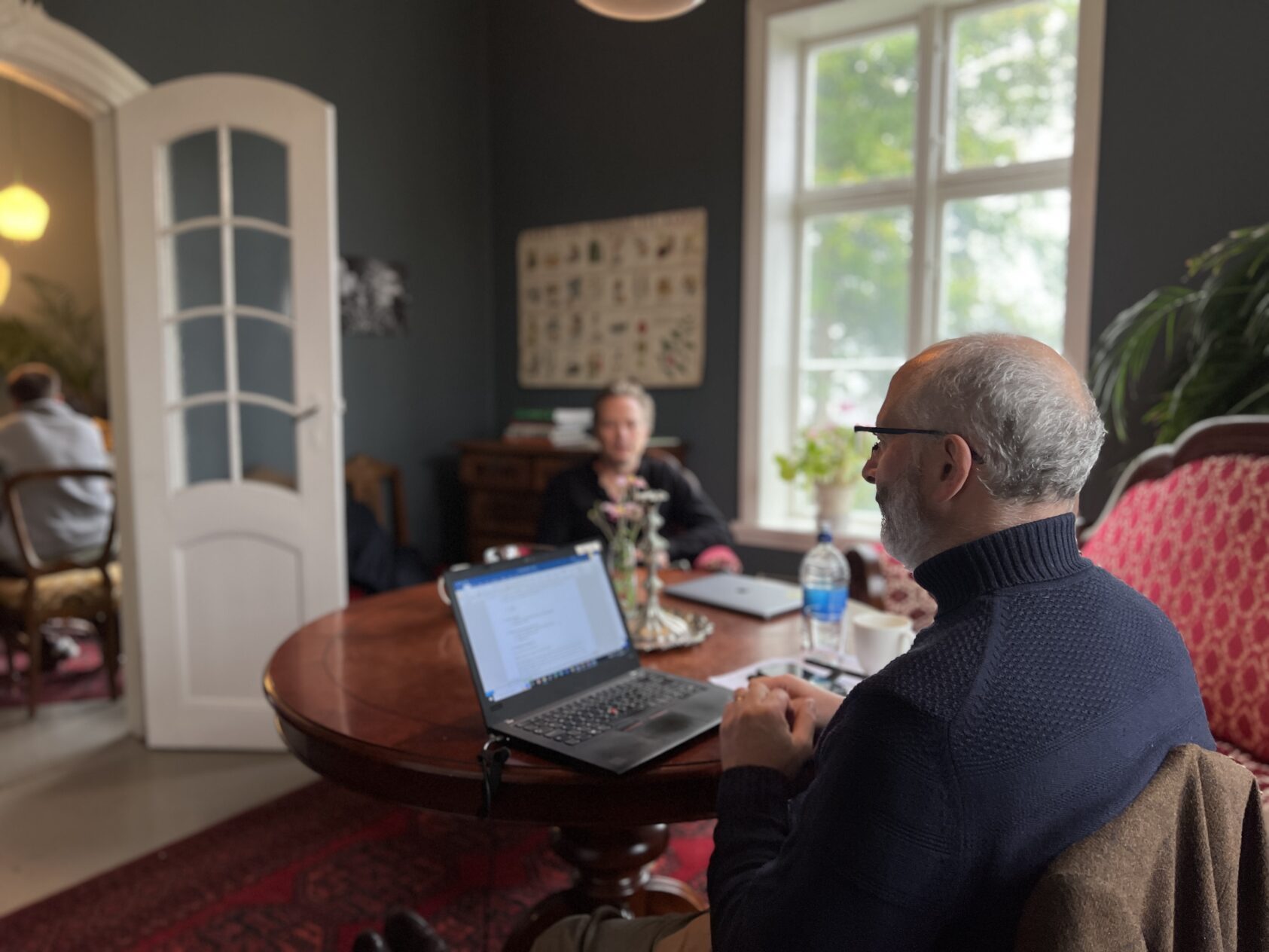 Gunn Janne Myrseth, NORCE, Erik Kolstad from NORCE and the Bjerknes Centre for Climate Research during a CONFER workshop at Lysthuset in Landås, Bergen, together with Douglas J. Parker from NORCE and the  University of Leeds., IMG 8491, , 