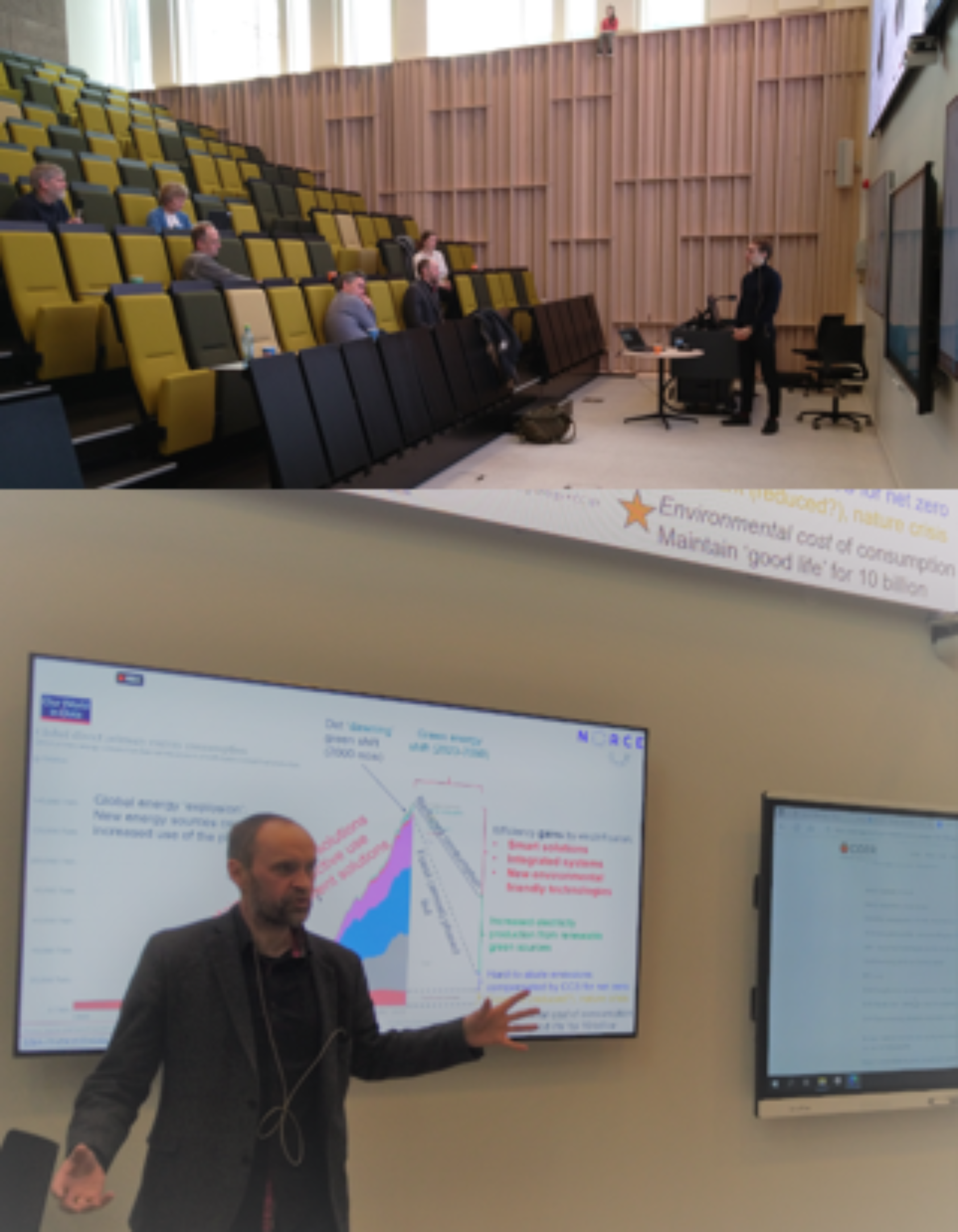 Fionn Iversen, Ivar Stefansson (UiB) and Anders Nermoen (NORCE) are presenting at the meeting., Stefansson nermoen presenterer, <p>NORCE</p>, A man presenting in a half crowded auditorium, a man talkin in front of a screen. Photo collage.