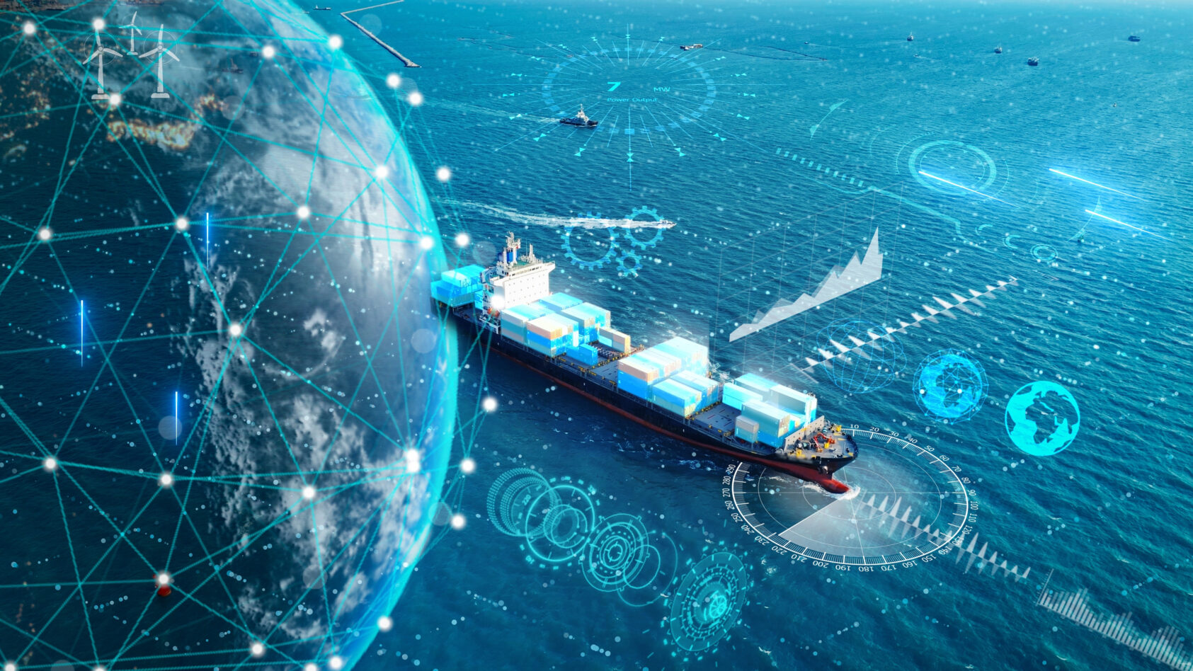 Shutterstock, Illustrasjonsbilde., Ai cargo 2372585739, , Cargo båt på havet, datagrafikk ligger over bildet