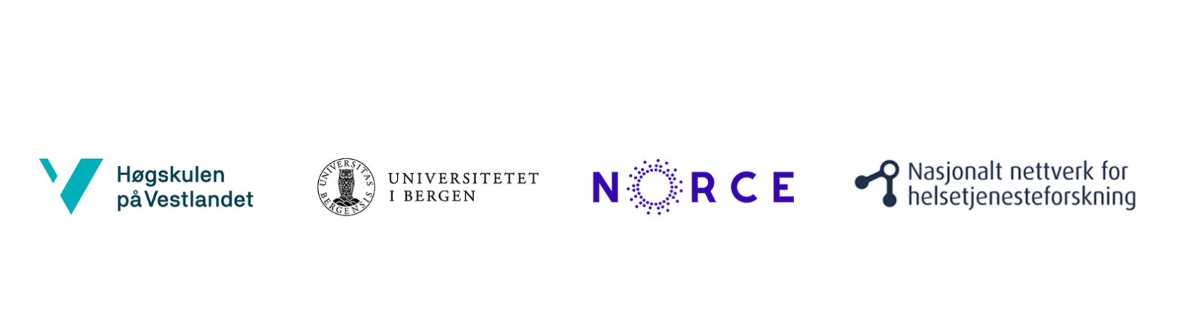 , , Logohvluibnorce, , Logoene til Høgskulen på Vestlandet, Universitetet i Bergen, NORCE og Nasjonalt nettverk for helsetjenesteforskning