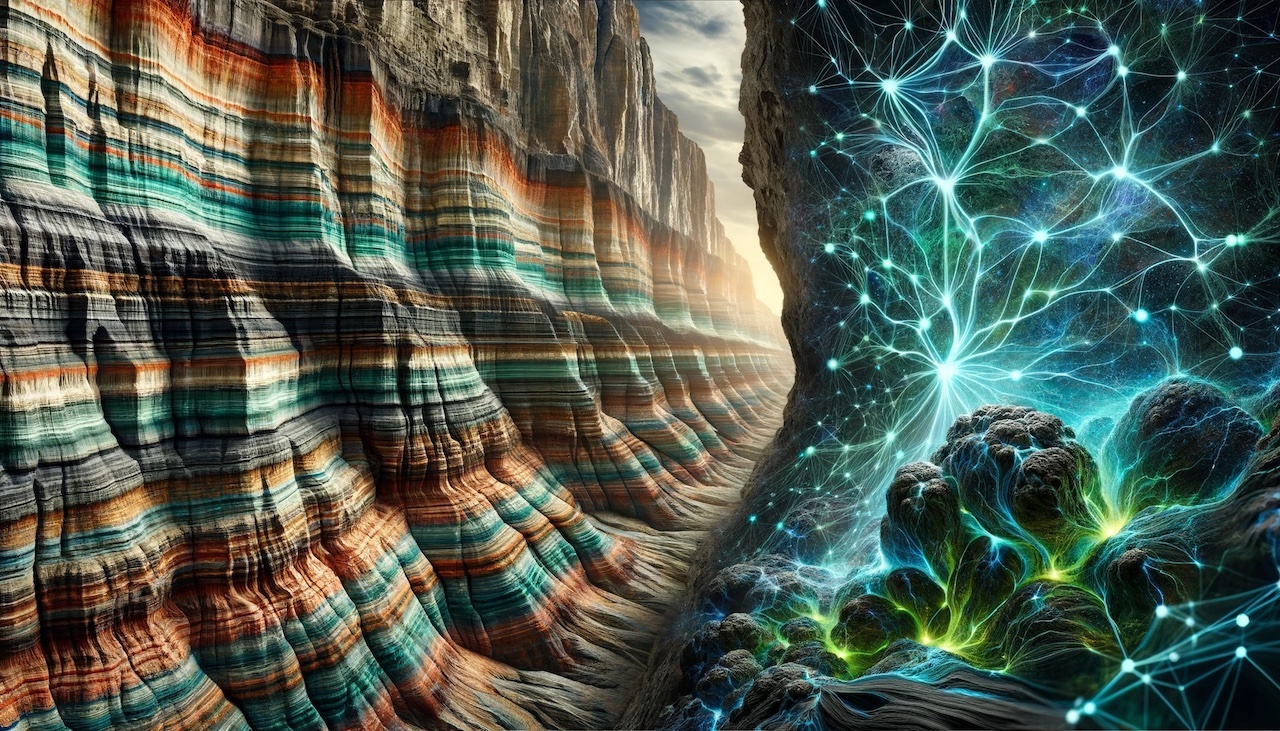 , , Copy DALL E 2023 12 29 15 47 41 Visualize a neural network interfacing with complex geological formations On the left side intricate layers of sedimentary rock varying in hues fro copy, , 