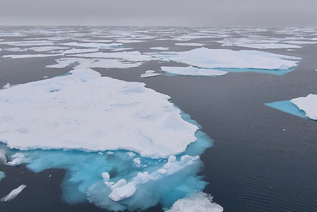 , A fjord dotted with numerous large icebergs. Pictured: Amandine Tisserand (NORCE), Hannah Rose Babel (UiB) and Katja Häkli (NORCE) enjoy the view. Photo: Daniel Albert, GoNorth/SINTEF., Word image 5829 1 2 1024x683, , 